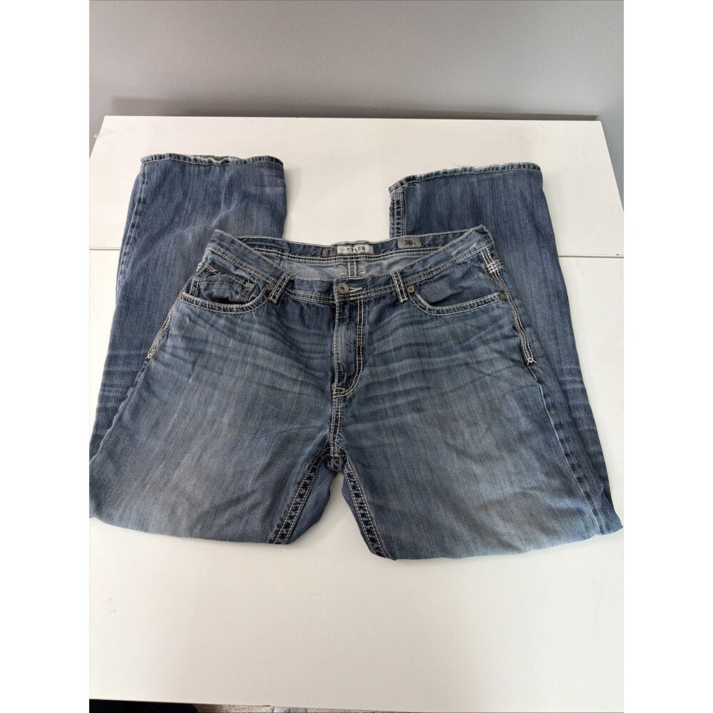 BKE Tyler Jeans Mens 38L Blue Denim 38x31 (hemmed) Bootleg Bootcut Light Wash